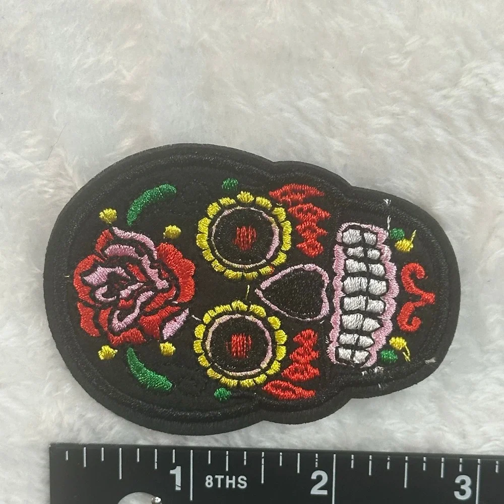 Sugar Skull Iron On Patch Unisex Black Floral Rose Day of the Dead Embroidered